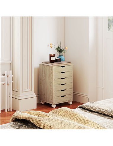 HOMCOM 6 Drawer Vertical File Cabinet, Mobile Filing Cabinet with Quiet Drawers and Wheels with 2 Brakes, Oak Wood Effect