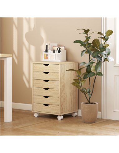 HOMCOM 6 Drawer Vertical File Cabinet, Mobile Filing Cabinet with Quiet Drawers and Wheels with 2 Brakes, Oak Wood Effect