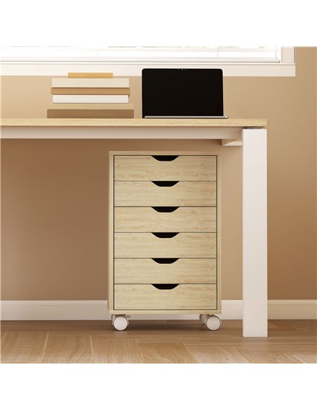 HOMCOM 6 Drawer Vertical File Cabinet, Mobile Filing Cabinet with Quiet Drawers and Wheels with 2 Brakes, Oak Wood Effect - pic 211317 | FastDaddyshop