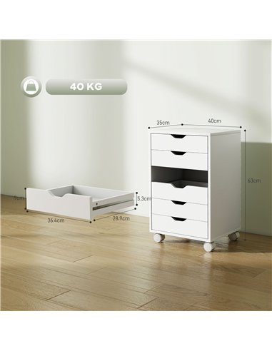 HOMCOM 6 Drawer Vertical File Cabinet, Mobile Filing Cabinet with Quiet Drawers and Wheels with 2 Brakes, White