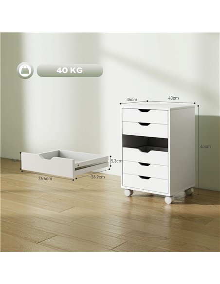 HOMCOM 6 Drawer Vertical File Cabinet, Mobile Filing Cabinet with Quiet Drawers and Wheels with 2 Brakes, White - pic 211320 | FastDaddyshop