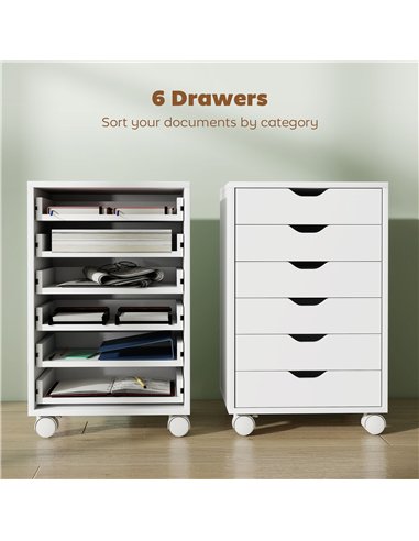 HOMCOM 6 Drawer Vertical File Cabinet, Mobile Filing Cabinet with Quiet Drawers and Wheels with 2 Brakes, White