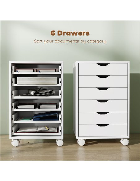 HOMCOM 6 Drawer Vertical File Cabinet, Mobile Filing Cabinet with Quiet Drawers and Wheels with 2 Brakes, White - pic 211321 | FastDaddyshop