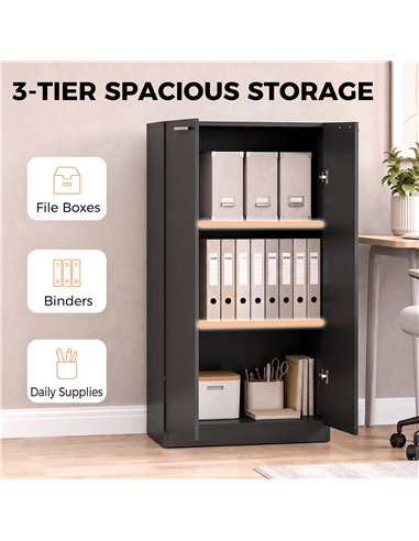 HOMCOM 120 cm Tall Storage Cabinet Cupboard, 3-Tier File Organiser Wooden Filing Cabinet, Black