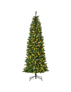 HOMCOM 7FT Prelit Artificial Pencil Christmas Tree with Warm White LED Light, Red Berry, Holiday Home Xmas Decoration, Green
