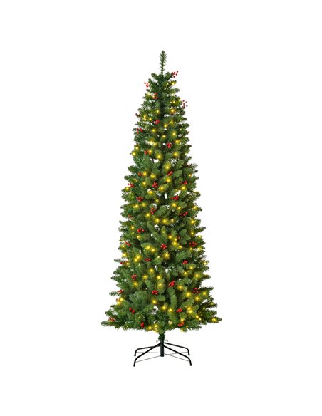 HOMCOM 7FT Prelit Artificial Pencil Christmas Tree with Warm White LED Light, Red Berry, Holiday Home Xmas Decoration, Green - pic 211372 | FastDaddyshop