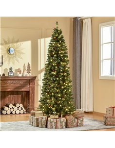 HOMCOM 7FT Prelit Artificial Pencil Christmas Tree with Warm White LED Light, Red Berry, Holiday Home Xmas Decoration, Green 2