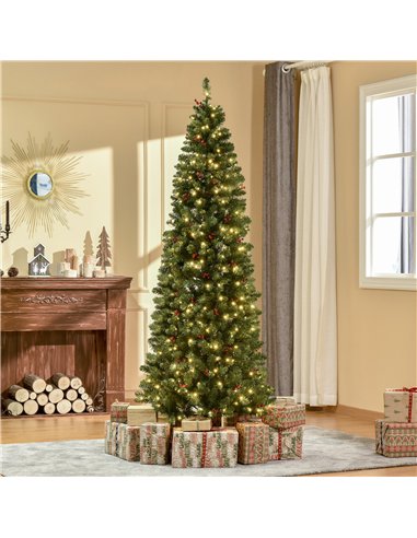 HOMCOM 7FT Prelit Artificial Pencil Christmas Tree with Warm White LED Light, Red Berry, Holiday Home Xmas Decoration, Green