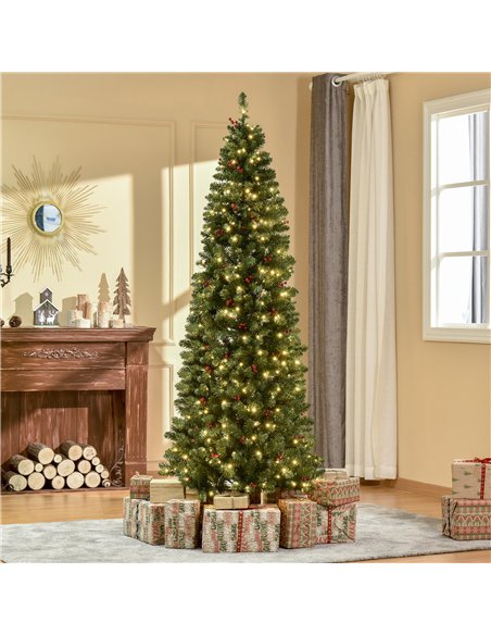 HOMCOM 7FT Prelit Artificial Pencil Christmas Tree with Warm White LED Light, Red Berry, Holiday Home Xmas Decoration, Green - pic 211373 | FastDaddyshop