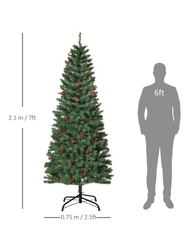 HOMCOM 7FT Prelit Artificial Pencil Christmas Tree with Warm White LED Light, Red Berry, Holiday Home Xmas Decoration, Green