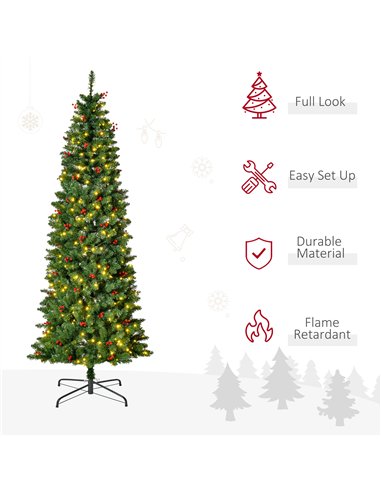 HOMCOM 7FT Prelit Artificial Pencil Christmas Tree with Warm White LED Light, Red Berry, Holiday Home Xmas Decoration, Green