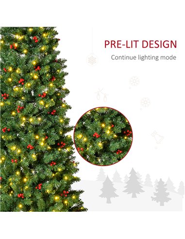 HOMCOM 7FT Prelit Artificial Pencil Christmas Tree with Warm White LED Light, Red Berry, Holiday Home Xmas Decoration, Green