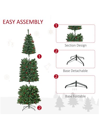 HOMCOM 7FT Prelit Artificial Pencil Christmas Tree with Warm White LED Light, Red Berry, Holiday Home Xmas Decoration, Green