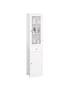 Kleankin Free Standing Slim Bathroom Storage Cabinet with 3-tier Shelf, Drawer, Door, White