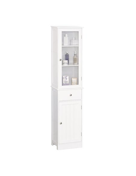Kleankin Free Standing Slim Bathroom Storage Cabinet with 3-tier Shelf, Drawer, Door, White - pic 21138 | FastDaddyshop