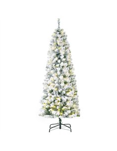 HOMCOM 6FT Prelit Artificial Snow Flocked Christmas Tree with Warm White LED Light, Holiday Home Xmas Decoration, Green White