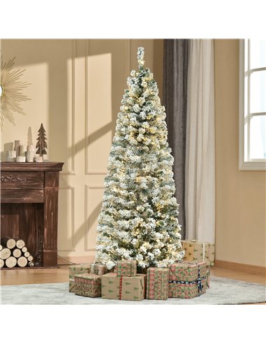 HOMCOM 6FT Prelit Artificial Snow Flocked Christmas Tree with Warm White LED Light, Holiday Home Xmas Decoration, Green White