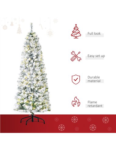 HOMCOM 6FT Prelit Artificial Snow Flocked Christmas Tree with Warm White LED Light, Holiday Home Xmas Decoration, Green White