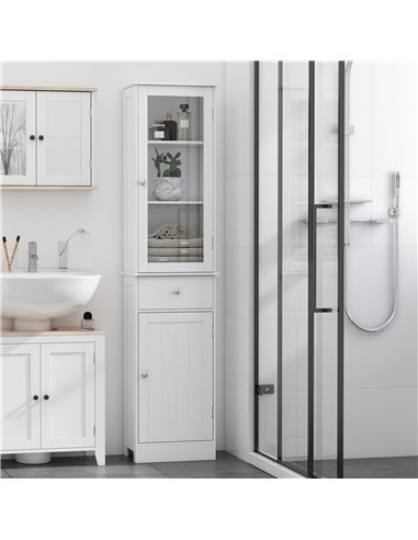 Kleankin Free Standing Slim Bathroom Storage Cabinet with 3-tier Shelf, Drawer, Door, White