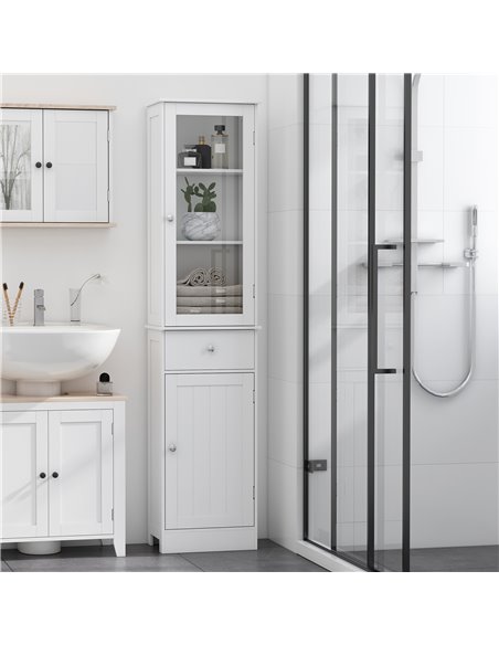 Kleankin Free Standing Slim Bathroom Storage Cabinet with 3-tier Shelf, Drawer, Door, White - pic 21139 | FastDaddyshop