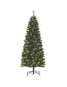 HOMCOM 6FT Prelit Artificial Pencil Christmas Tree with Warm White LED Light, Red Berry, Holiday Home Xmas Decoration, Green