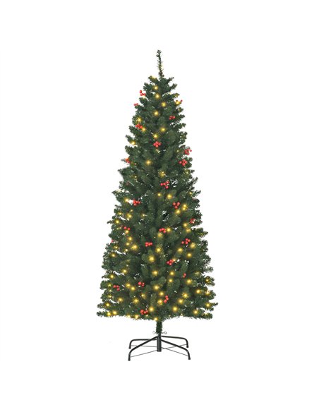 HOMCOM 6FT Prelit Artificial Pencil Christmas Tree with Warm White LED Light, Red Berry, Holiday Home Xmas Decoration, Green - pic 211390 | FastDaddyshop