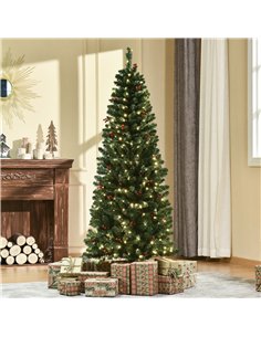 HOMCOM 6FT Prelit Artificial Pencil Christmas Tree with Warm White LED Light, Red Berry, Holiday Home Xmas Decoration, Green 2