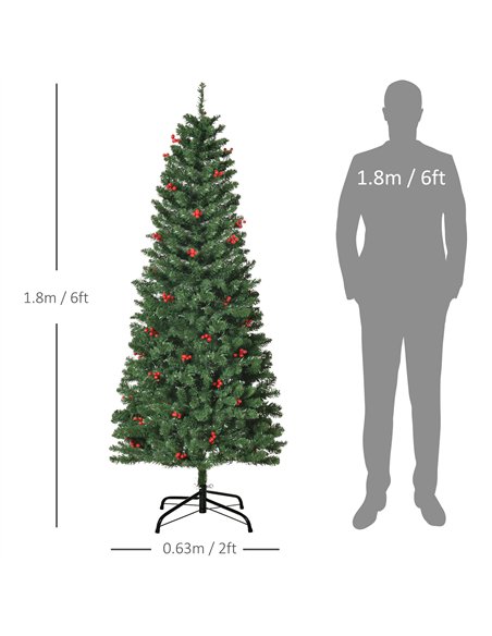 HOMCOM 6FT Prelit Artificial Pencil Christmas Tree with Warm White LED Light, Red Berry, Holiday Home Xmas Decoration, Green - pic 211392 | FastDaddyshop
