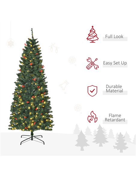 HOMCOM 6FT Prelit Artificial Pencil Christmas Tree with Warm White LED Light, Red Berry, Holiday Home Xmas Decoration, Green - pic 211393 | FastDaddyshop
