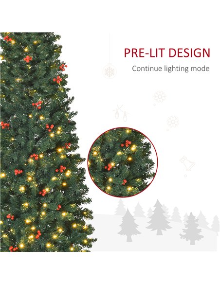 HOMCOM 6FT Prelit Artificial Pencil Christmas Tree with Warm White LED Light, Red Berry, Holiday Home Xmas Decoration, Green - pic 211394 | FastDaddyshop