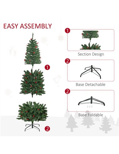HOMCOM 6FT Prelit Artificial Pencil Christmas Tree with Warm White LED Light, Red Berry, Holiday Home Xmas Decoration, Green