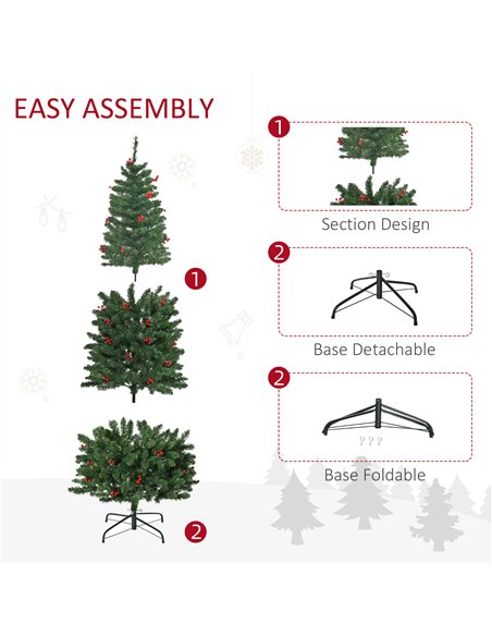 HOMCOM 6FT Prelit Artificial Pencil Christmas Tree with Warm White LED Light, Red Berry, Holiday Home Xmas Decoration, Green - pic 211396 | FastDaddyshop