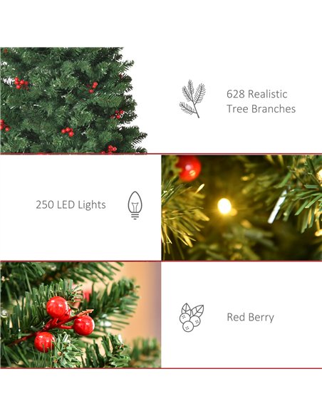 HOMCOM 6FT Prelit Artificial Pencil Christmas Tree with Warm White LED Light, Red Berry, Holiday Home Xmas Decoration, Green - pic 211397 | FastDaddyshop