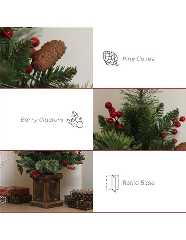 HOMCOM 1.2m/4ft Artificial Christmas Tree with 100 Warm White LED Lights and 8 Modes, Small Xmas Tree with Red Berries, Pine Con
