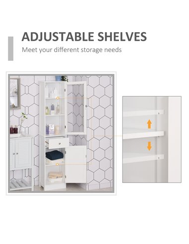 Kleankin Free Standing Slim Bathroom Storage Cabinet with 3-tier Shelf, Drawer, Door, White