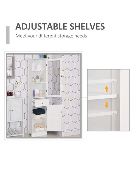 Kleankin Free Standing Slim Bathroom Storage Cabinet with 3-tier Shelf, Drawer, Door, White - pic 21142 | FastDaddyshop