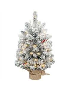 HOMCOM 60 cm Prelit Small Christmas Tree with 35 LED Lights, Snow Flocked Tabletop Mini Xmas Tree with 72 Dense Branches, Pine C