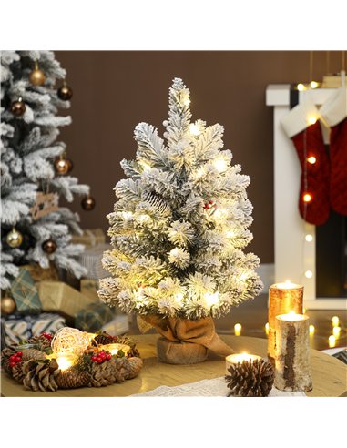 HOMCOM 60 cm Prelit Small Christmas Tree with 35 LED Lights, Snow Flocked Tabletop Mini Xmas Tree with 72 Dense Branches, Pine C
