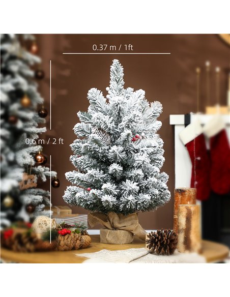 HOMCOM 60 cm Prelit Small Christmas Tree with 35 LED Lights, Snow Flocked Tabletop Mini Xmas Tree with 72 Dense Branches, Pine C - pic 211428 | FastDaddyshop