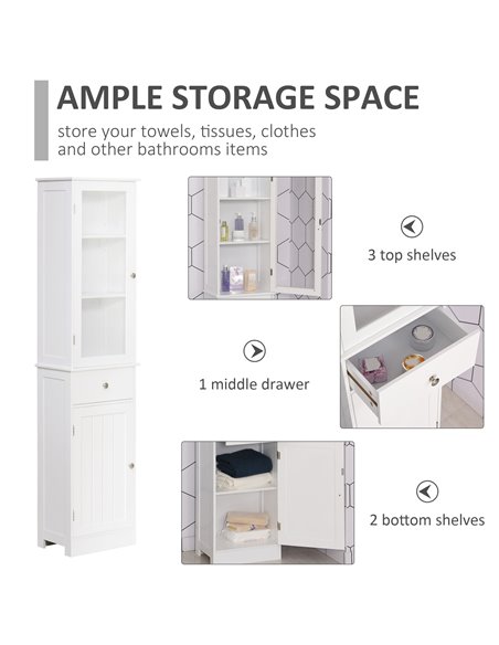Kleankin Free Standing Slim Bathroom Storage Cabinet with 3-tier Shelf, Drawer, Door, White - pic 21143 | FastDaddyshop