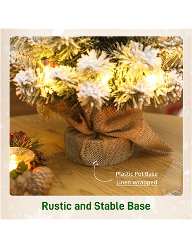 HOMCOM 60 cm Prelit Small Christmas Tree with 35 LED Lights, Snow Flocked Tabletop Mini Xmas Tree with 72 Dense Branches, Pine C