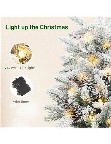 HOMCOM 60 cm Prelit Small Christmas Tree with 35 LED Lights, Snow Flocked Tabletop Mini Xmas Tree with Pine Cones, Berry Cluster