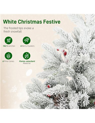 HOMCOM 60 cm Prelit Small Christmas Tree with 35 LED Lights, Snow Flocked Tabletop Mini Xmas Tree with Pine Cones, Berry Cluster