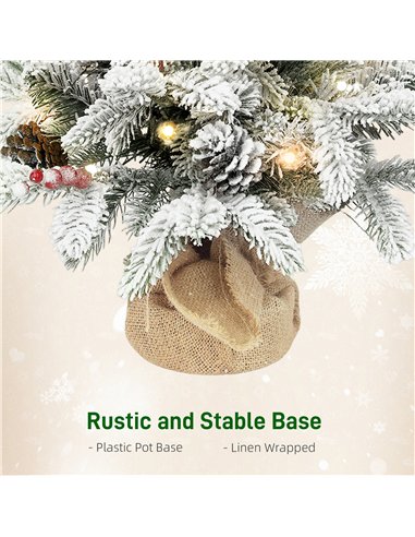 HOMCOM 60 cm Prelit Small Christmas Tree with 35 LED Lights, Snow Flocked Tabletop Mini Xmas Tree with Pine Cones, Berry Cluster