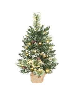 HOMCOM 60 cm Prelit Small Christmas Tree, Snow Flocked Tabletop Mini Xmas Tree with 35 LED Lights, Pine Cones and Linen Cover Ba