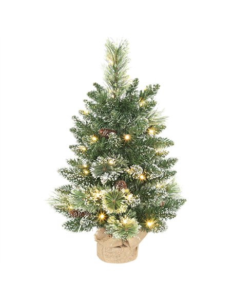 HOMCOM 60 cm Prelit Small Christmas Tree, Snow Flocked Tabletop Mini Xmas Tree with 35 LED Lights, Pine Cones and Linen Cover Ba - pic 211444 | FastDaddyshop
