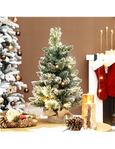 HOMCOM 60 cm Prelit Small Christmas Tree, Snow Flocked Tabletop Mini Xmas Tree with 35 LED Lights, Pine Cones and Linen Cover Ba 2