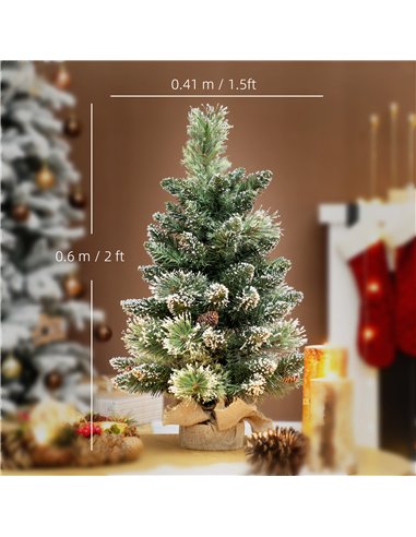 HOMCOM 60 cm Prelit Small Christmas Tree, Snow Flocked Tabletop Mini Xmas Tree with 35 LED Lights, Pine Cones and Linen Cover Ba