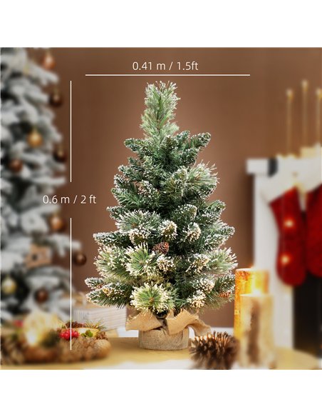 HOMCOM 60 cm Prelit Small Christmas Tree, Snow Flocked Tabletop Mini Xmas Tree with 35 LED Lights, Pine Cones and Linen Cover Ba - pic 211446 | FastDaddyshop
