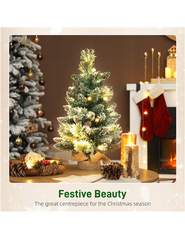 HOMCOM 60 cm Prelit Small Christmas Tree, Snow Flocked Tabletop Mini Xmas Tree with 35 LED Lights, Pine Cones and Linen Cover Ba